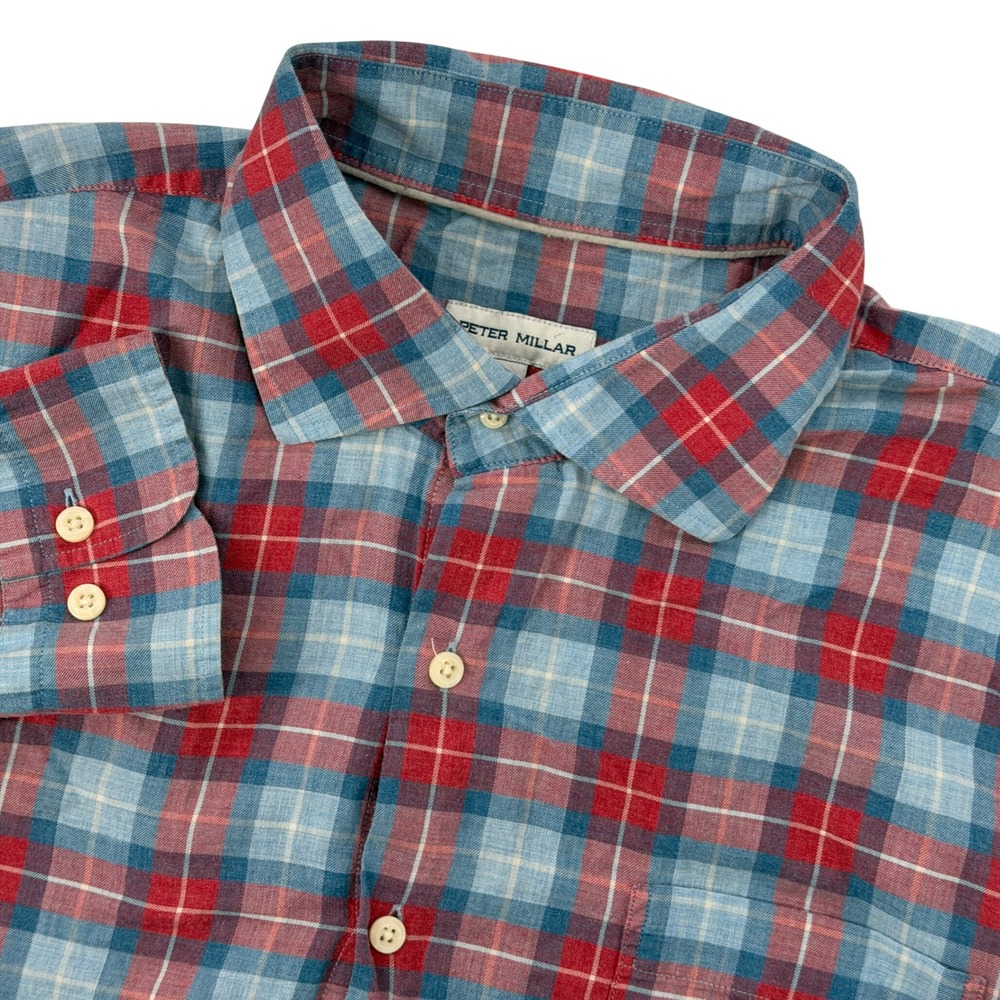 Peter Millar Button Down Shirt Men XLT Tall Blue Red Plaid Cotton Classic Preppy